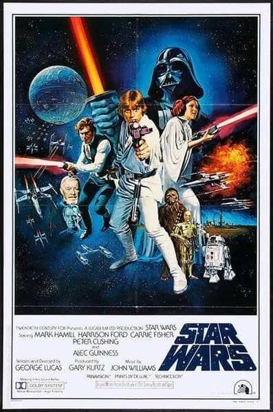 Handgemaltes Star-Wars-Kinoplakat mit Luke, Leia und Darth Vader